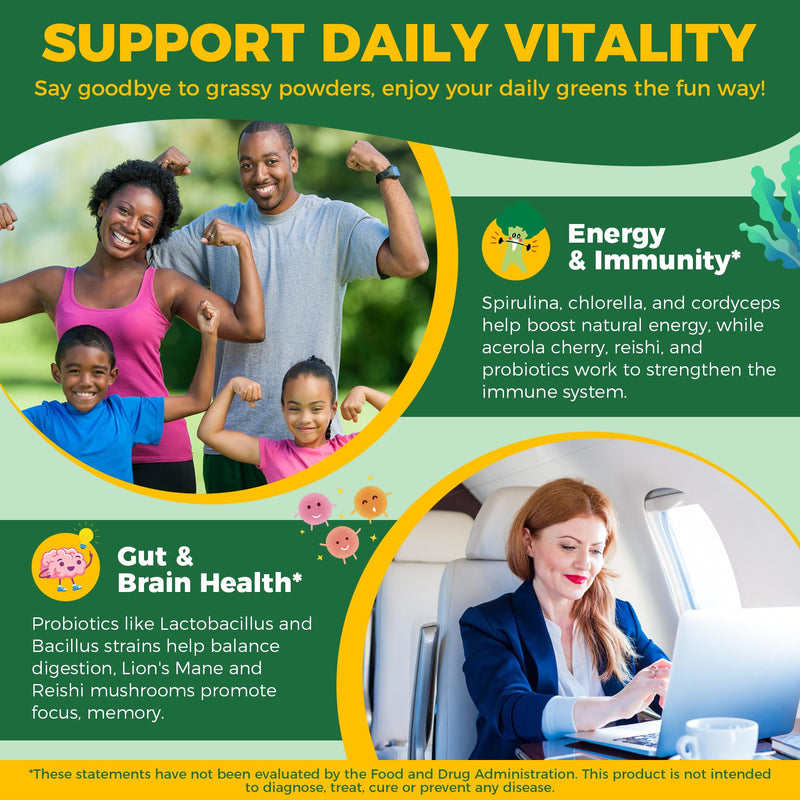 [Australia] - Organic Super Greens Daily Gummies + Probiotics, Spirulina, Chlorella, Spinach, Broccoli, Fiber, Fruits Veggies, Mushroom - Greens Powder Superfood Alternative, Natural Energy, Sugar Free Vegan, 60Cts 60 Count (Pack of 1) 