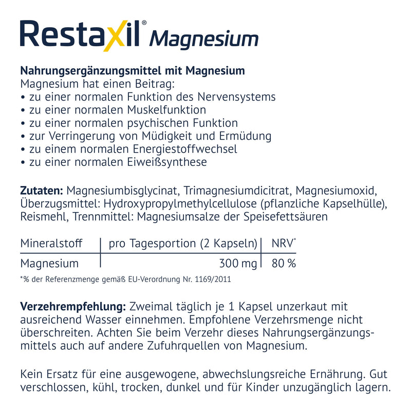 [Australia] - Restaxil Magnesium - highly dosed premium magnesium complex with magnesium bisglycinate. Laboratory tested, highly concentrated, excellent bioavailability, vegan. From the No. 1 nerve specialist in the pharmacy 