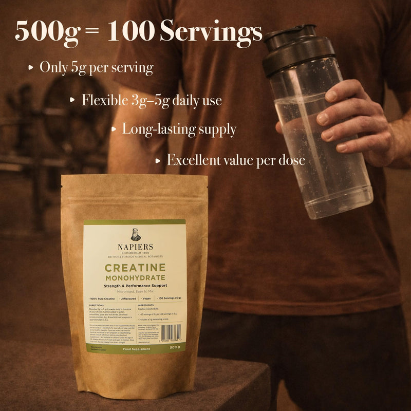 Napiers Creatine Monohydrate Powder - 100% Pure Micronised Creatine - Unflavoured Vegan Strength and Performance Support - 500g (100 Servings)