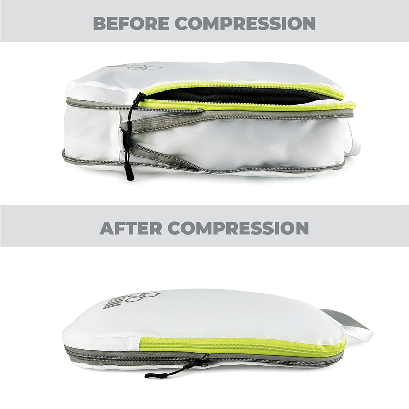 Beeyond Compression Packing Cubes Set - 6 Pieces for Travel and Luggage Organization, Includes Large & Small Cubes, Accessories Bag, and Laundry Bag White & green (6 Pieces)