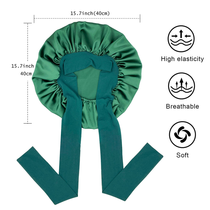 [Australia] - Satin Silk Hair Bonnet for Sleeping Large Bonnets with Tie Band Hair Wrap with Adjustable Straps Hair Cap Night Sleep Caps for Women Curly Braid Hair Hunter Green 