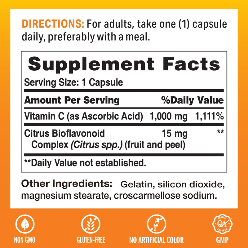 Vitamin World Vitamin C 1000 mg with Bioflavonoids, 100 Capsules | Immune Support, Antioxidant Protection, Vitamin C Supplement for Collagen Production, Bone & Skin Health, Gluten Free
