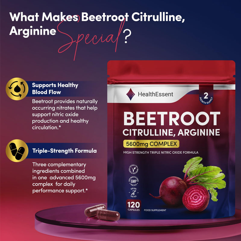 HealthEssent Beetroot Capsules 5600mg High Strength Nitric Oxide Booster | Triple Complex with 5000mg Beetroot, 400mg L-Citrulline, 150mg L-Arginine, Vitamin C & Black Pepper | 120 Vegan Capsules