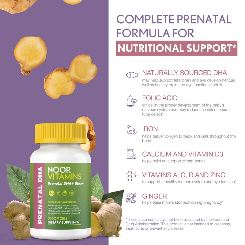 [Australia] - Noor Vitamins Halal Prenatal Vitamins with DHA and Folic Acid, Essential Vitamins, Ginger to Soothe Mom's Stomach, Iron, Softgels, Prenatal Vitamin Before/During/Post Pregnancy (1 Month Supply) 30 Count (Pack of 1) 