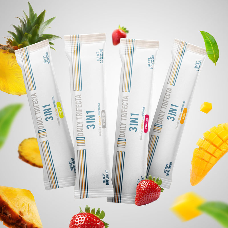 DAILY TRIFECTA 3-in-1 Collagen, Creatine & Electrolyte, Pineapple | Type I Collagen, Creatine Monohydrate, Zero Sugar, 30 Natural Single-Serve Packets, Strength, Hydration & Recovery