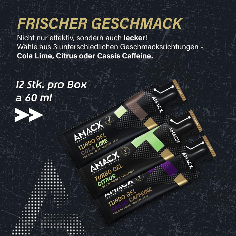 AMACX Turbo Energy Gel for Endurance Athletes with Caffeine, 12 x 60 ml, 200 mg Sodium, 40 g Carbs, Quick-Absorbing Sports Gels (Cassis Caffeine) Cassis Caffeine