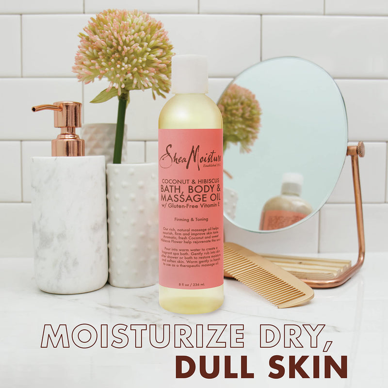Shea Moisture Coconut & Hibiscus Massage Oil and Body Oil for Dry Skin, Bath Oil with Coconut Oil and Vitamin E Oil for Skin, 8 oz | For Dull Skin. Creates glowing skin.