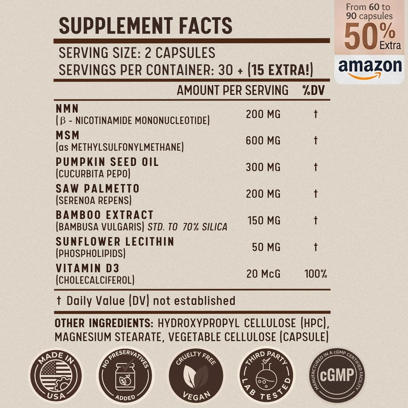 NMN FolliCare Supplement - Biotin-Free Hair Growth Supplement for Women - Natural DHT Blocker with Liposomal NMN, Saw Palmetto, Pumpkin Seed, MSM & Bamboo Extract - (60+30) 90 Vegan Caps Bottle