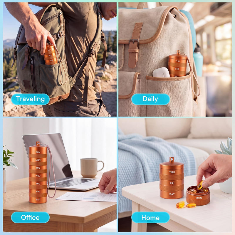 Weekly Metal Pill Organizer 2 Times a Day, Waterproof Travel Pill Case | Aluminum Alloy AM PM Pill Organizer, BPA Free 7 Day Daily Medicine Organizer Holder for Vitamin, Fish Oil, Supplement Orange