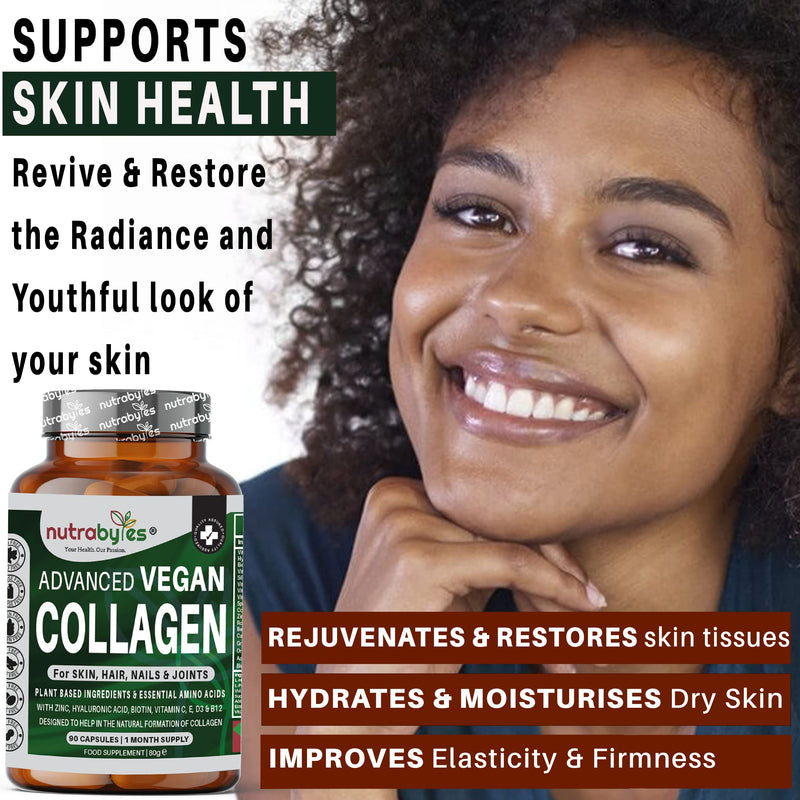 Nutrabytes Vegan Collagen Supplements for Women & Men | Plant-Based Vegan Collagen Capsules with Hyaluronic Acid, Biotin, Vitamin E, D3, C & Amino Acids | Vegetarian Collagen | UK Made