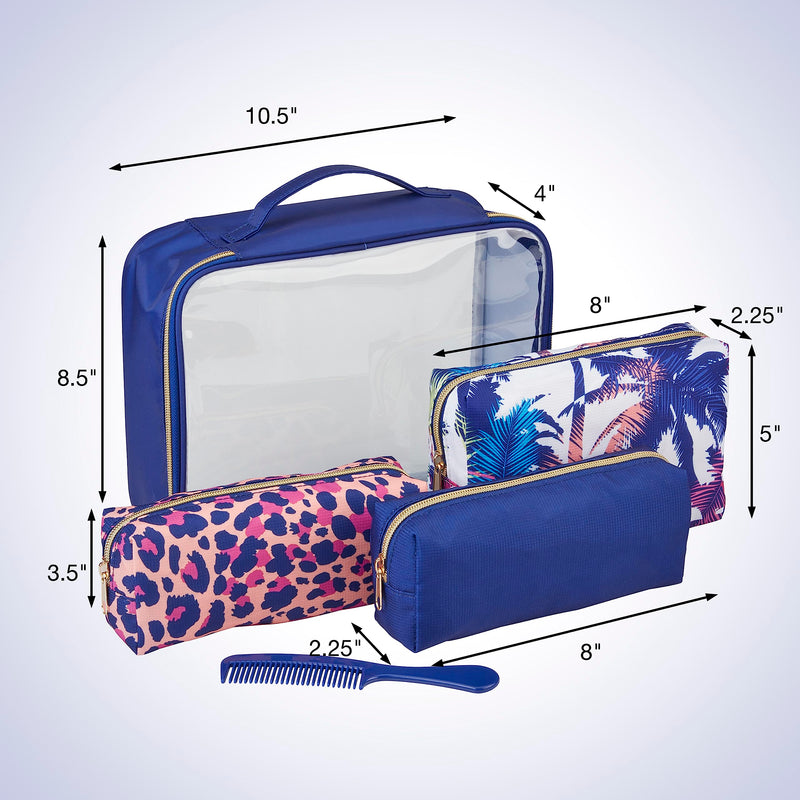 Conair 5 Piece Toiletry and Cosmetic Bag Set Under $30, Includes 4 Makeup Bags and 1 Travel Comb in Blue Palm Prints (Pack of 2) 1 Count (Pack of 2)