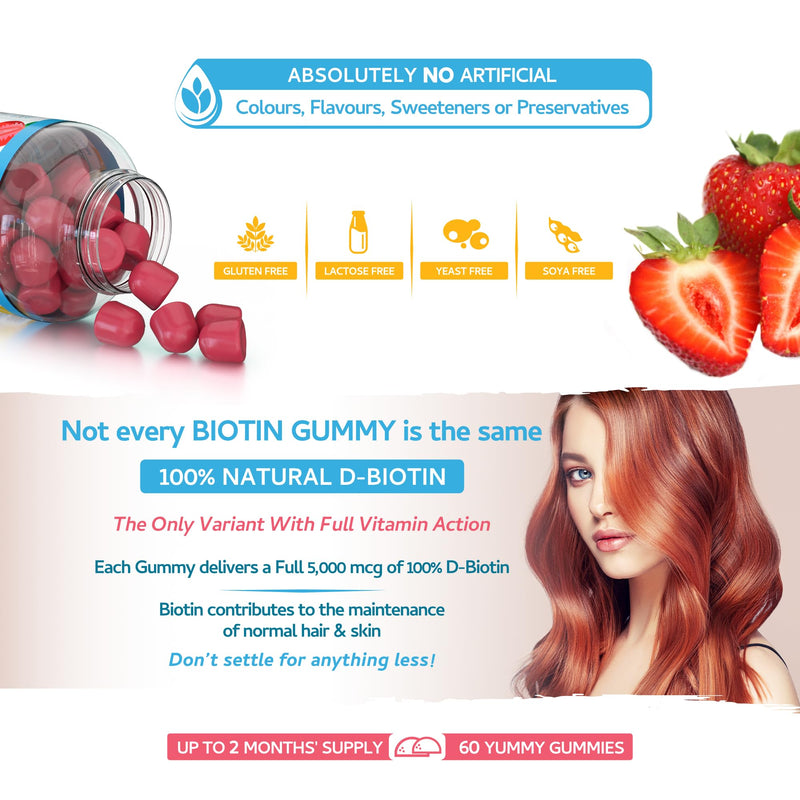Biotin Gummies 10,000mcg – 60 Vegan Vitamins - Natural Strawberry Flavoured Two Yummy Gummy Daily Dose - Supports Normal Skin & Hair Growth - Chewable - No Artificial Sweeteners – UK Made 60 Gummies