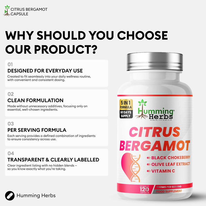 Humming Herbs Citrus Bergamot Complex 1121mg – 60 Day Supply (120 Vegan Capsules) with Olive Leaf, Black Chokeberry & Vitamin C