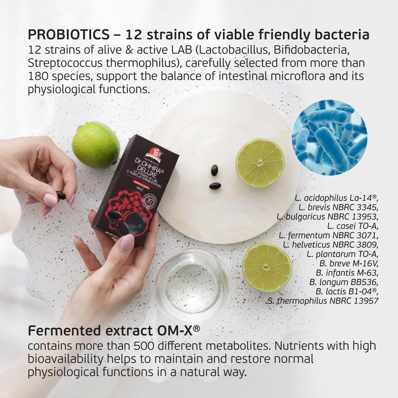 DELUXE-100 Billion CFU-Intestine Health Supplement-Probiotics,Prebiotics & Postbiotics in OM-X® -5Yrs Fermentation of 12 Live Bacterial Cultures,14 Fruits, 30 Count (Pack of 1) 1 count (Pack of 30)