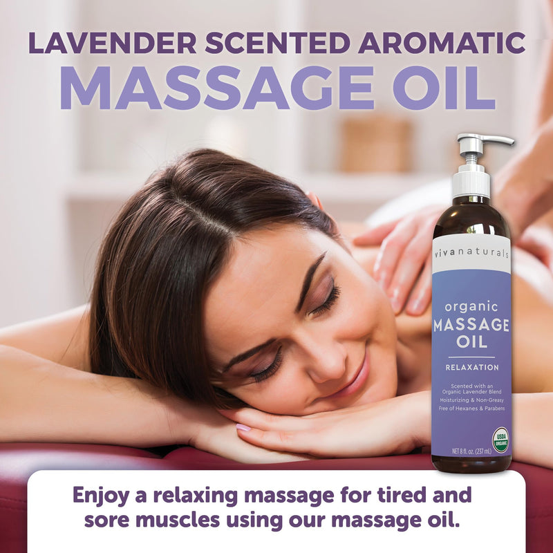 [Australia] - Viva Naturals Organic Massage Oil (8 fl. oz.) - Lavender Scented Relaxing Body Massage Oil for Massage Therapy - Perfect for Home Use & Professional Massages - Non-Greasy and Non-Sticky Formula 
