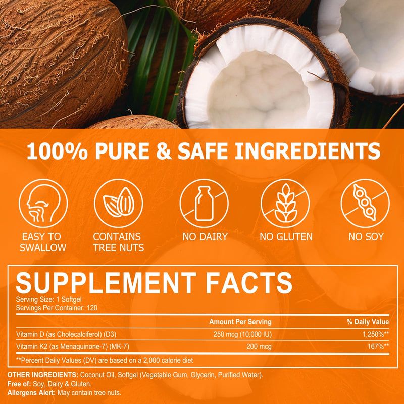 Vitamin D3 K2 Supplement Softgel, D3 K2 Vitamin 10000 IU Supports Immune, Heart, Teeth & Bone Health, Easy to Swallow & Non-GMO, 120 Softgels Orange | 1 Bag | 120-day Supply