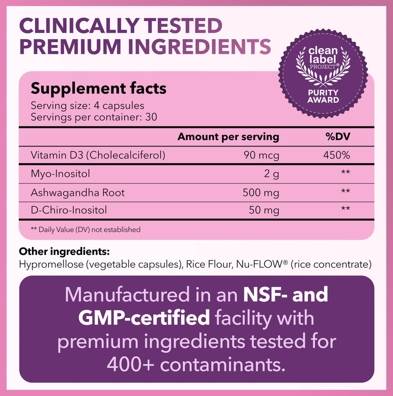 Myo-Inositol & D-Chiro Inositol for Hormone Balance for Women, 40:1 Ratio | Ovarian Health & Cycle Support Inositol Supplement for Women with Vitamin D3 + Ashwagandha Ashwagandha (1 Pack)