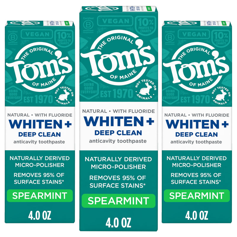 Tom's of Maine Whiten Plus Deep Clean Whitening Toothpaste, Mint, 3Pk, 4 oz | Spearmint, Natural Toothpaste with Fluoride, Removes 95% of Stains, Enamel Safe Formula, Whitens Without Causing Sensitivity 4 Ounce (Pack of 3)
