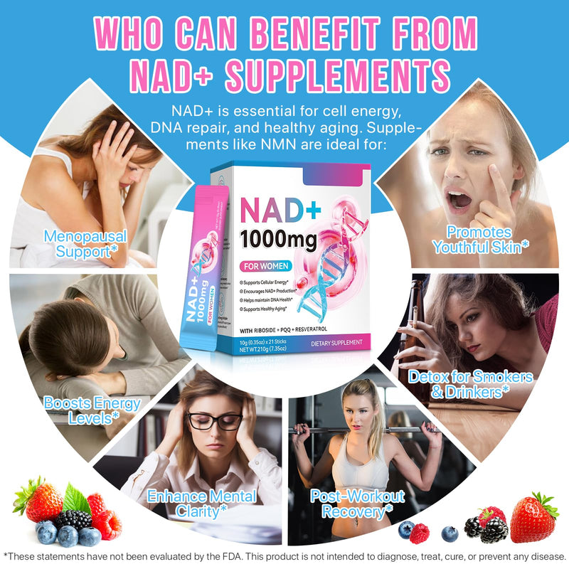 NAD+ Supplement for Women 1000mg - Premium Cellular Energy Booster with Nicotinamide Riboside & Resveratrol, PQQ, Health, Anti-Aging Support NAD Supplements (21pcs)