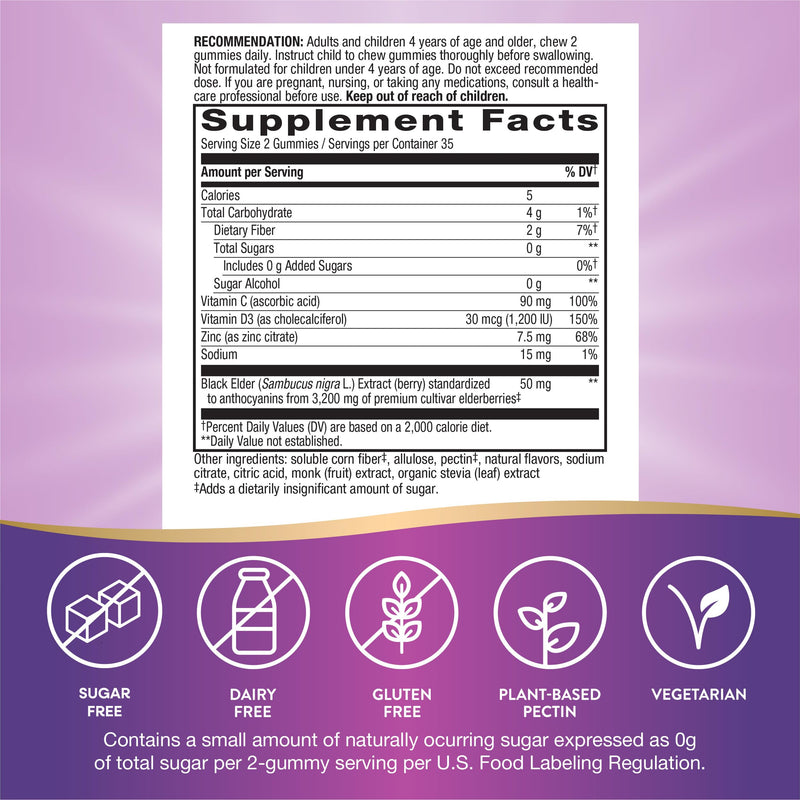Nature's Way Sambucus Zero Sugar Immune Gummies,Daily Immune Support*,Black Elderberry Extract,Vitamin C,Vitamin D3,Zinc,Sugar Free,Sugar-Alcohol Free,Plant-Based Sweeteners,70 Gummies,(Pack of 2) 70 Count (Pack of 2)