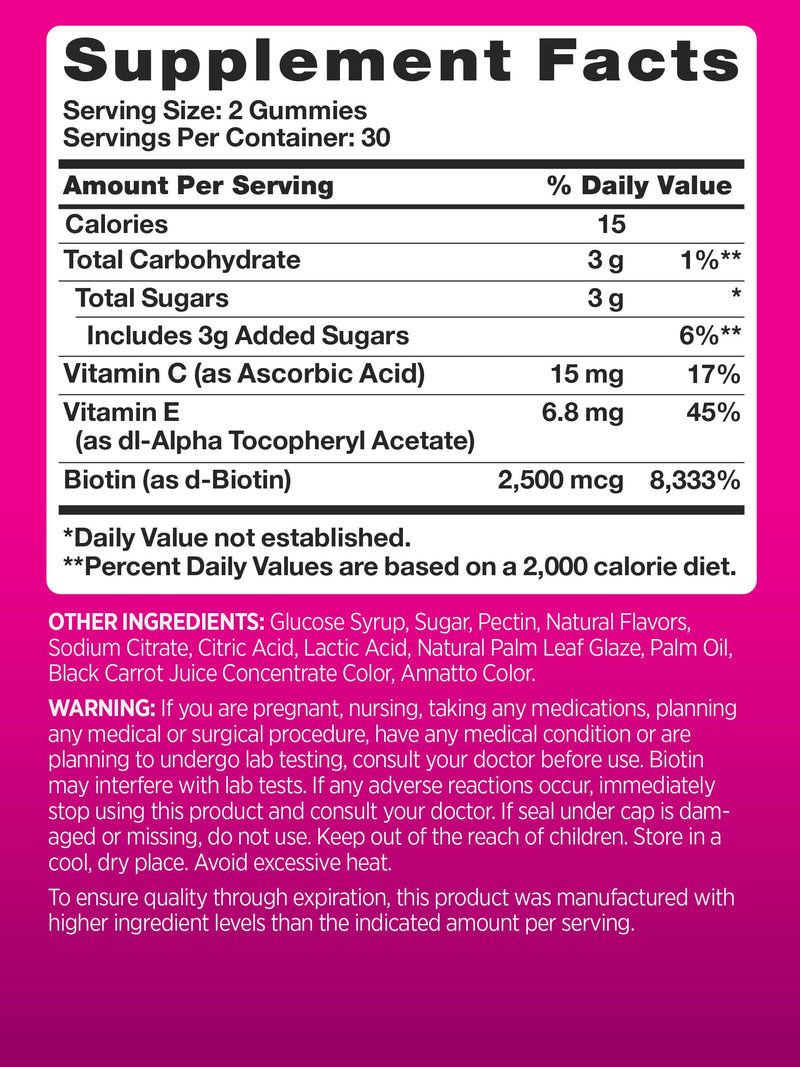 PINK Biotin Gummies for Women | 2,500 mcg | 60 Count | Vitamin for Hair, Skin and Nails | Fruit Flavor | Non-GMO & Gluten Free
