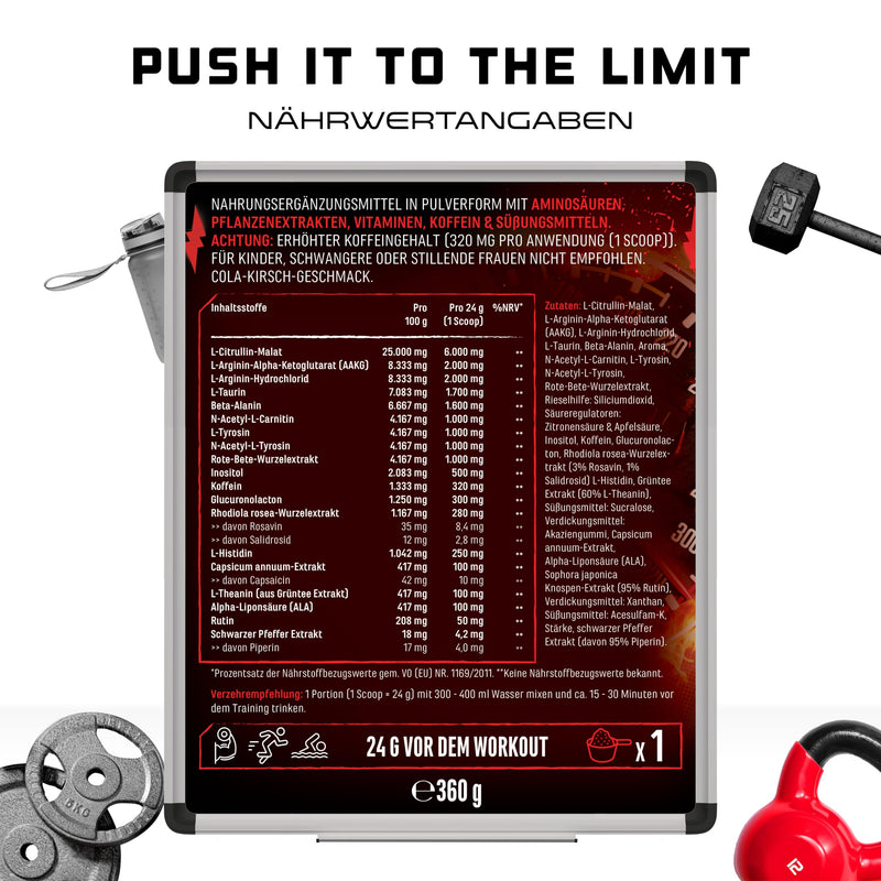 [Australia] - Push it to the Limit - Pre Workout with L-Arginine + Citrulline + L-Tyrosine + L-Theanine + L-Carnitine + AAKG + Taurine + Rhodiola Roseroot + Caffeine - High dosage - 360g - Cola Cherry Taste Cola Cherry 