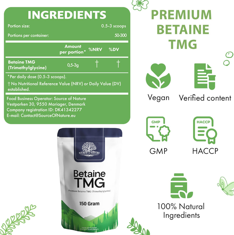 Source of Nature® | Betaine Anhydrous TMG Powder 150g | 100% Pure Trimethylglycine Supplement with Measuring Spoon | Vegan, Gluten-Free, No Additives