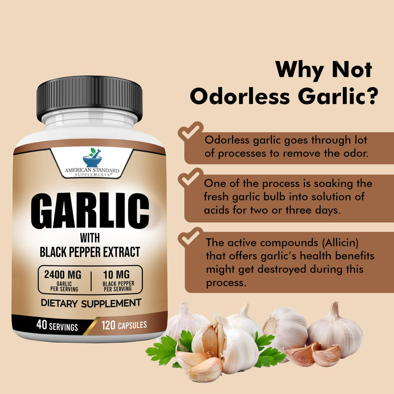 [Australia] - American Standard Supplements Garlic 2400mg Per Serving with Black Pepper Fruit Extract – Vegan, Gluten Free, Non-GMO, 120 Capsules, 40 Servings 