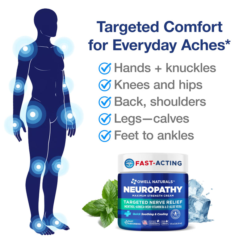 Owell Naturals Neuropathy Cream Extra Strength – Fast Absorbing for Legs, Feet & Hands – Advanced Soothing Formula with Aloe Vera, Arnica, MSM & Vitamin B6 – Made in USA, 4 fl oz 4 Fl Oz (Pack of 1)
