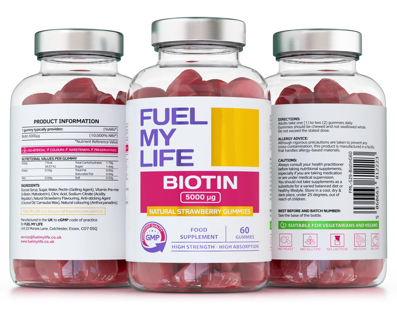 Biotin Gummies 10,000mcg – 60 Vegan Vitamins - Natural Strawberry Flavoured Two Yummy Gummy Daily Dose - Supports Normal Skin & Hair Growth - Chewable - No Artificial Sweeteners – UK Made