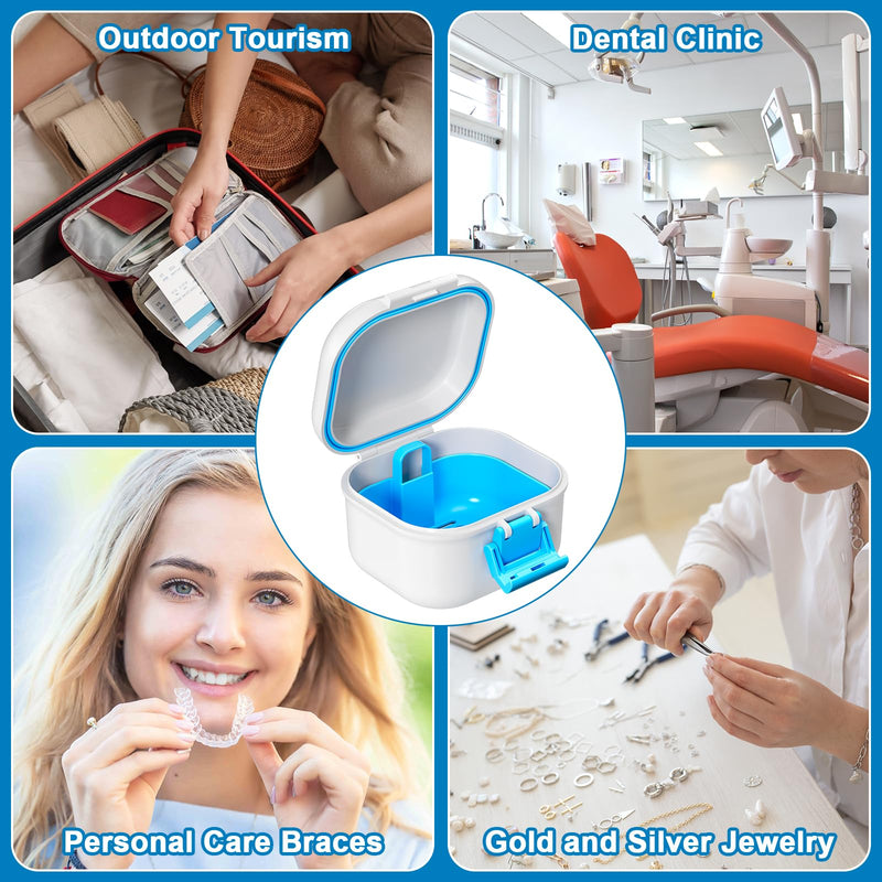 [Australia] - Leak Proof Denture Cup, Travel Denture Holder Case for Soaking Dentures, Portable False Teeth Container with Strainer, Retainer Cleaner Case, White + Blue. 
