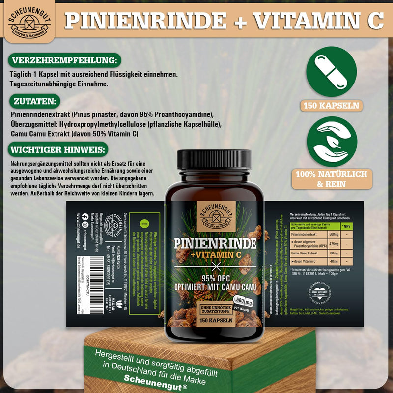 [Australia] - Pine bark extract -475mg OPC per capsule- IMPORTANT: 25:1 extract (=14500mg French maritime pine per dose) +Vitamin C I 150 capsules with 95% OPC I Laboratory tested -DE- SCHEUNENGUT® 