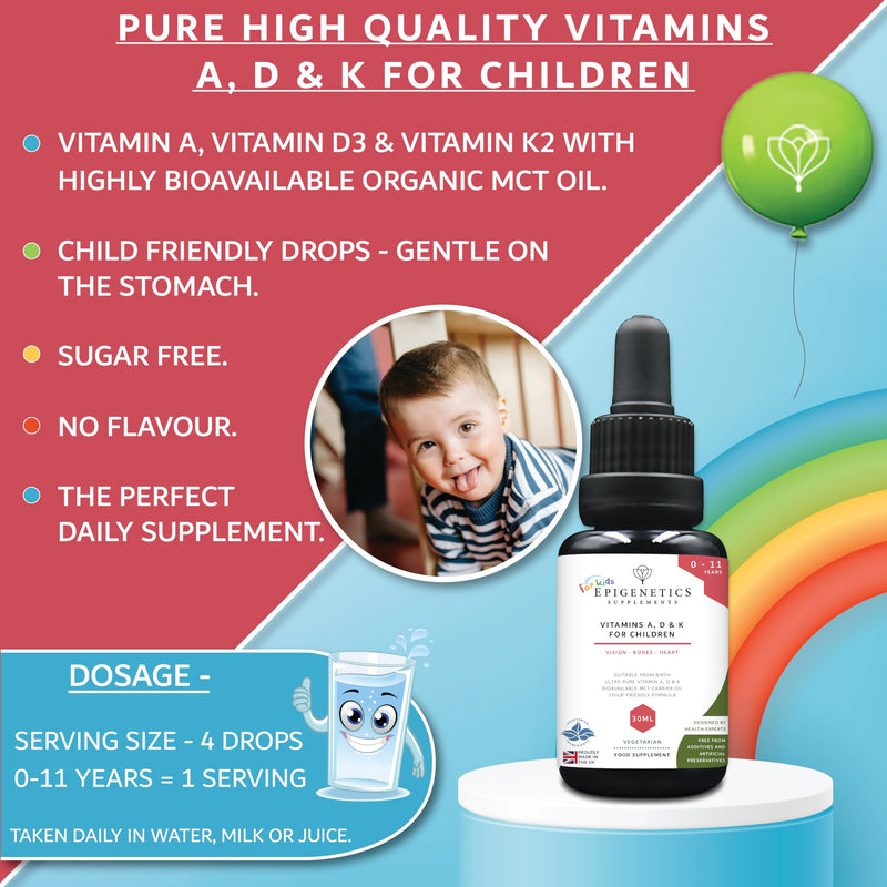 Vitamins A, D & K for Children 30ml | from Birth 0-11 Years Complex Multivitamin Supplement | Newborn Baby Kids Sugar Free UK Made Vegetarian Mini Liquid | Long Supply, 4 Drops Daily