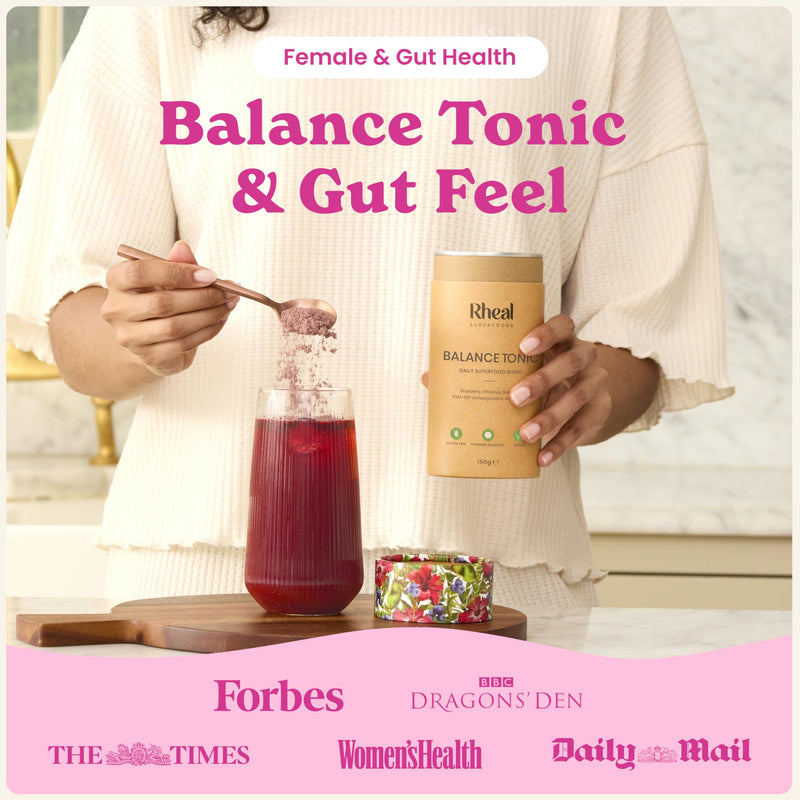 Rheal Superfoods Most Loved Bundle - Balance Tonic & Gut Feel Superfood Powder Duo, Complete Daily Wellness Routine, Gut Health & Hormonal Balance Support, Plant-Based, 30 Servings Each