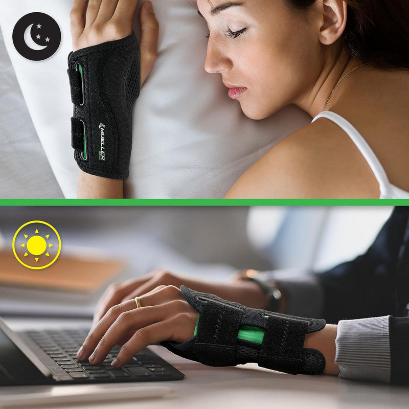 MUELLER Sports Medicine Green Fitted Wrist Braces, 2 Pack, Wrist Pain Relief Support for Men and Women, Ideal for Carpal Tunnel, Tendinitis, Arthritis, Black, Right and Left, Small/Medium