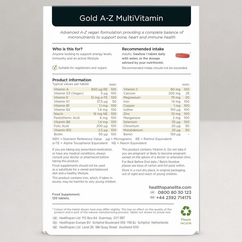 Healthspan Elite Gold A-Z Multivitamin (4 Months’ Supply) | 27 Essential nutrients with Vitamin B Complex with Iron, Selenium & Zinc | All Blacks Official Partner | Informed Sport Accredited | Vegan