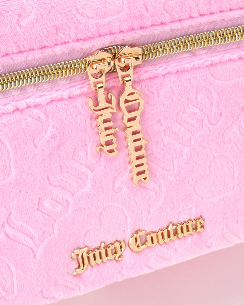 Juicy Couture Pink Makeup Bag Cosmetics Organizer Travel Essentials Train Case Velour Heart Logo