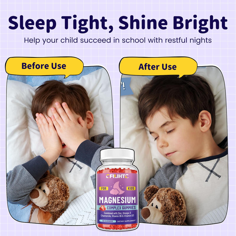 Kids Magnesium Gummies-Magnesium Glycinate Gummies for Kids Supplement-w/Zinc, Chamomile, Omega-3, Vitamin B6, D3 - for Sleep, Relaxation, Brain, Bones, Children's Calm, Sugar Free, 2 Pack Strawberry 60 Count (Pack of 2)