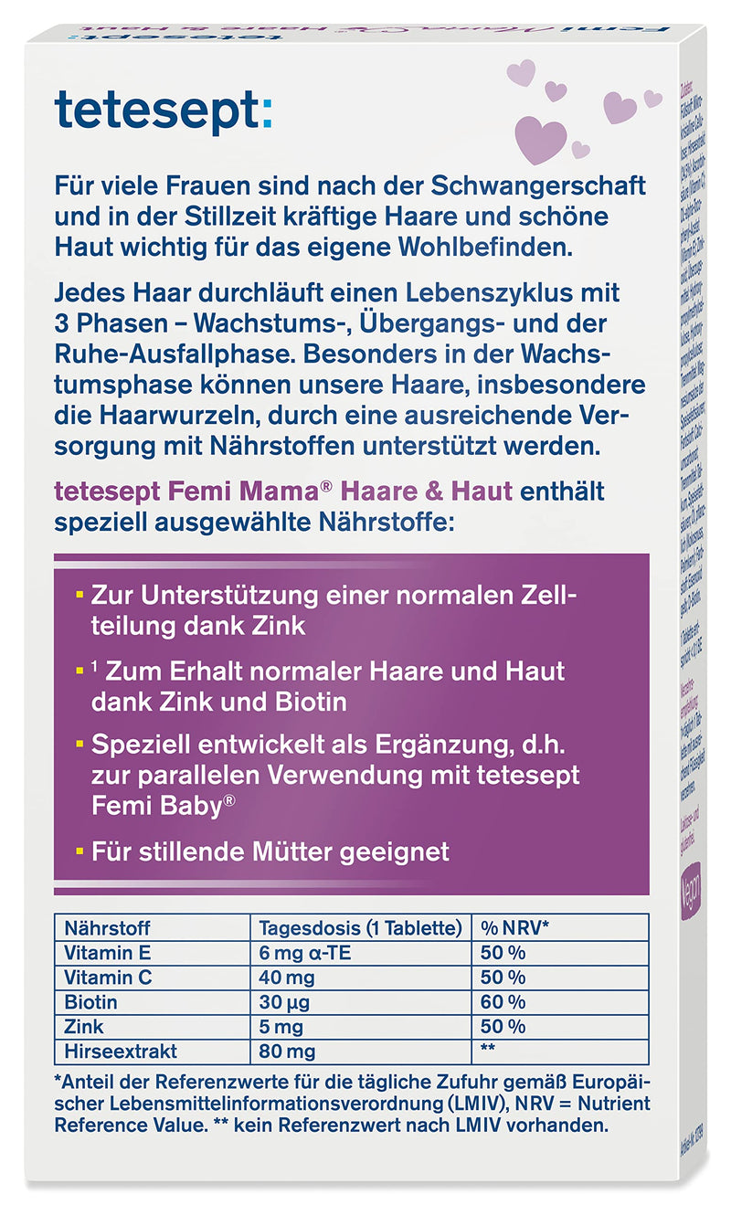 [Australia] - tetesept Femi Mama Hair & Skin - Selected nutrients for maintaining strong hair & beautiful skin - Dietary supplement ideal after pregnancy - 5 x 30 tablets Femi Mama Hair + Skin 