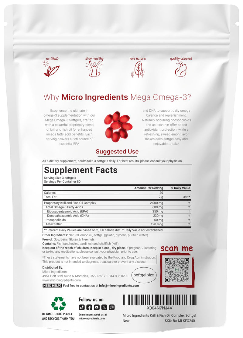 [Australia] - Mega Omega-3 Krill & Fish Oil 2,000mg Equivalent, 240 Softgels | Lemon Flavored | Burpless | Essential Fatty Acids & Astaxanthin | EPA 350mg + DHA 230mg | Heart & Brain Supplement 