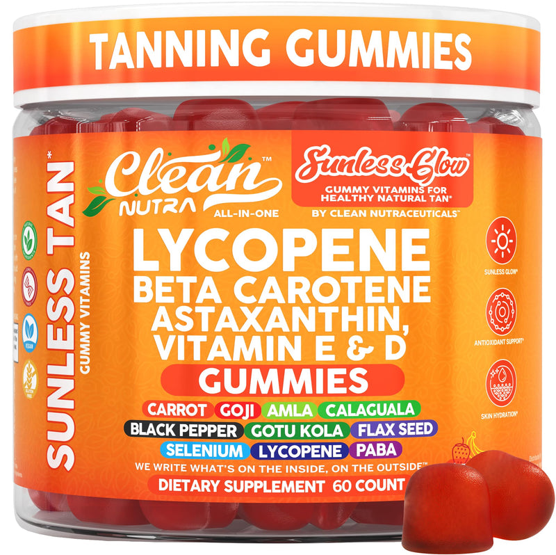 [Australia] - Clean Nutra Sunless Glow Gummies with Lycopene, Beta Carotene, Astaxanthin, Vitamin E and D - All-in-One Gummy Supplement for Daily Routine - 60 Count, Vegan, Non-GMO, Pectin-Based, Gluten-Free 