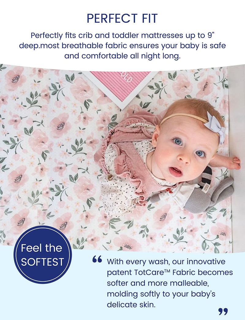 [Australia] - TotAha Premium Stretchy Crib Sheets (2-Pack)-Hypoallergenic, Silky Comfort, Buttery Soft, Calming Effect, All-Season Jersey-Knit Sheets, 9'' Extra Deep Pocket(Meredith Allover Floral & Pale Pink) Meredith Allover Floral & Pale Pink Flowers 