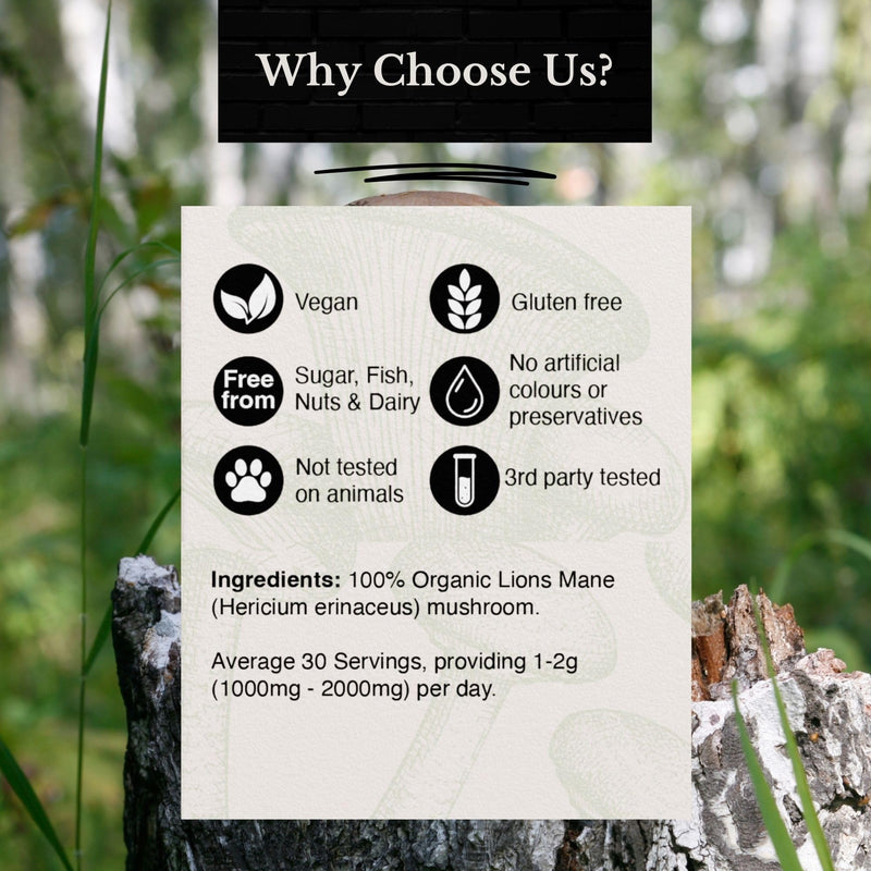 The Answer 100% Organic Lion's Mane Mushroom Powder 50g for Focus, Memory and Digestion - 1000mg-2000mg per Day - High Strength Immune Support Supplement and Everyday Superfood - Made in The UK