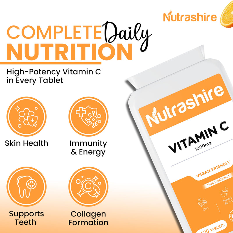 Vitamin C Tablets 1000mg – 120 Vegan Tablets (4 Month Supply) – Gluten Free Vitamin C Supplements for Skin, Bones, Teeth, Fatigue and Immune Support – High Strength VIT C - Made in the UK