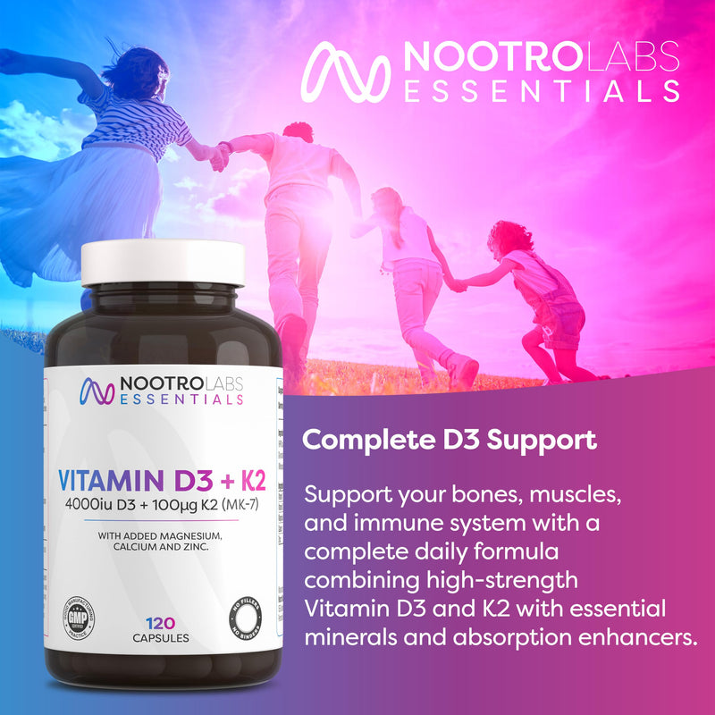 Nootro Labs Essentials Vitamin D3 4000 iu and K2 Capsules, Daily Vitamin D Supplements with Zinc and Magnesium for Joint Care, Bone & Heart Health and Immune Support (60 Servings - 2 Month Supply)