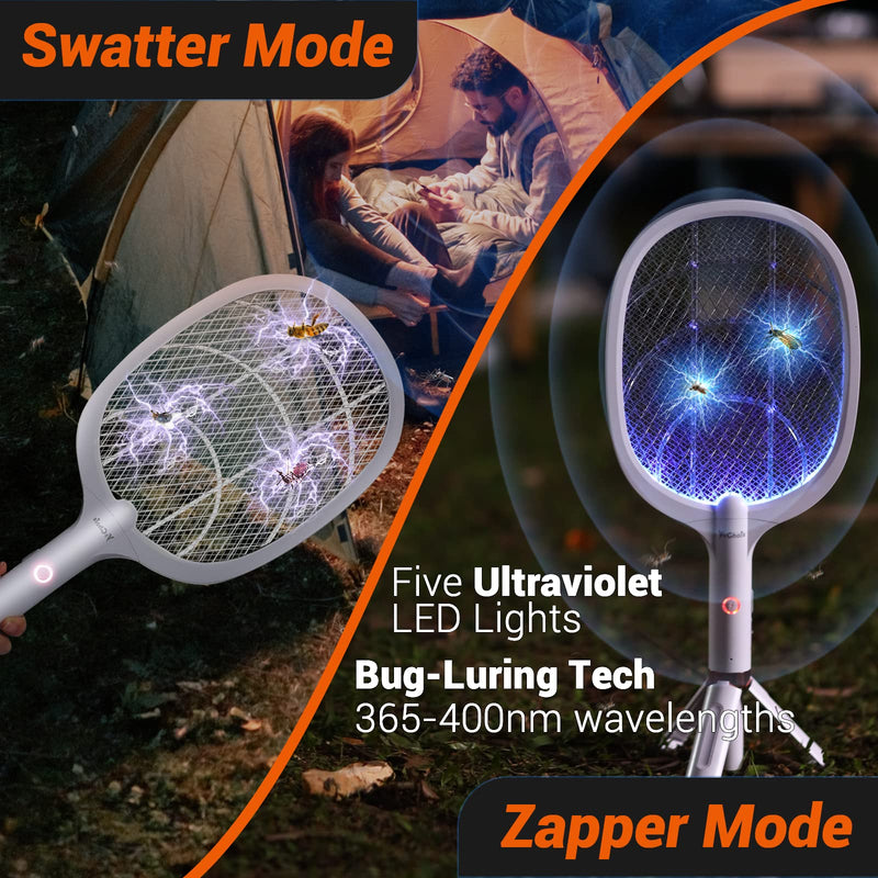 [Australia] - Electric Fly Swatter Racket, Rechargeable Fly Zapper - 4000 Volt, Exclusive 2-in-1 Bug Zapper Racket - USB Charging, 1800mAh Li-Battery, Indoor & Outdoor Use, White 