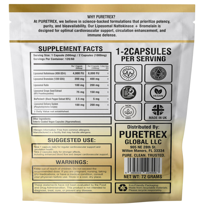 Puretrex Liposomal Nattokinase 4000FU Bromelain Capsules, UK Made, 120 Enteric Coated Capsules with Rutin and Grape Seed Extract for Advanced Circulation and Cardiovascular Support, Vegan