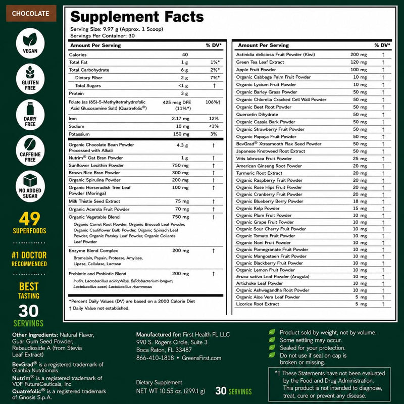 Greens First Original Greens Powder, Chocolate, 30 Servings | 49 Superfoods, Organic Fruits & Veggies, Probiotics & Digestive Enzymes, Antioxidant Smoothie, Dairy Free, Vegan & Non-GMO 30 Serving