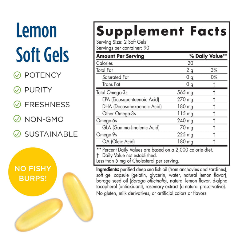 [Australia] - Nordic Naturals Complete Omega, Lemon Flavor - 180 Soft Gels - 565 mg Omega-3 - EPA & DHA with Added GLA - Healthy Skin & Joints, Cognition, Positive Mood - Non-GMO - 90 Servings 180 Count (Pack of 1) 