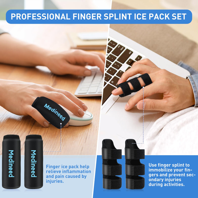 2pcs Trigger Finger Splint & 2pcs Finger Ice Pack，Thumb Splint & finger sleeves For Injuries Cold For Pain Relief Injuries, Arthritis, Sprains,Gel Freeze Sleeve Fit Index, Middle, Thumb, Ring（Black2+2） Black+Black